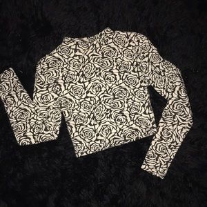 White Roses on Black Long Sleeve Crop Top